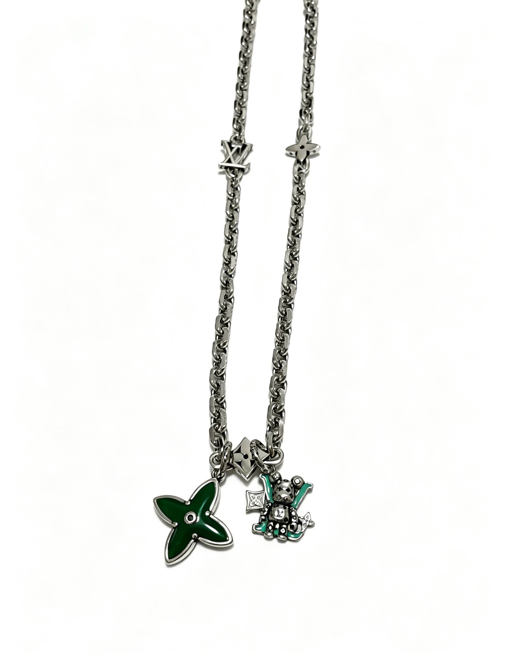 Louis Vuitton Silver Chain Necklace with Green Flower and Monogram Motif